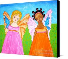 Canvas print of  SISTERS Black and White -African American and Caucasian- Guardian Angels Whimsical Folk Art  by the artist I C Colors by Iolanda Constantina Reinsmith