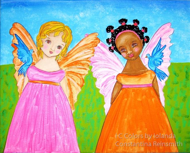 -SISTERS-Black-and-White--African-American-and-Caucasian--Guardian-Angels-Whimsical-Folk-Art- by I C Colors by Iolanda Constantina Reinsmith