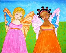 Poster print of  SISTERS Black and White -African American and Caucasian- Guardian Angels Whimsical Folk Art  by the artist I C Colors by Iolanda Constantina Reinsmith