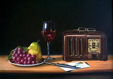 Poster print of Still Life with Radio, Wine and Fruit by the artist RBMcGrath